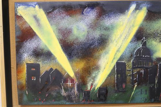 Two large enamel on copper plaques The Blitz near St Pauls with Searchlights and A Country Fair with Marquee & Procession, 30 x 92